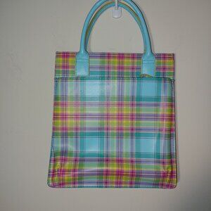 Baekgaard Real Leather Plaid Tote Purse Light Blue Hard Handles OS